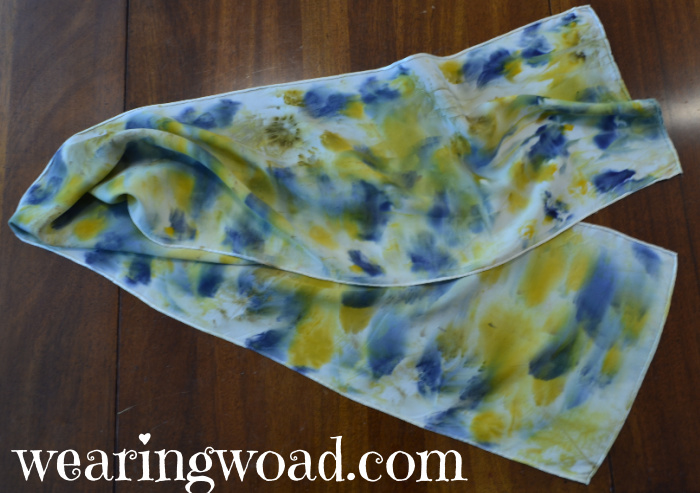 eco print scarf with hollyhock blossoms and dyer's margarite blossoms